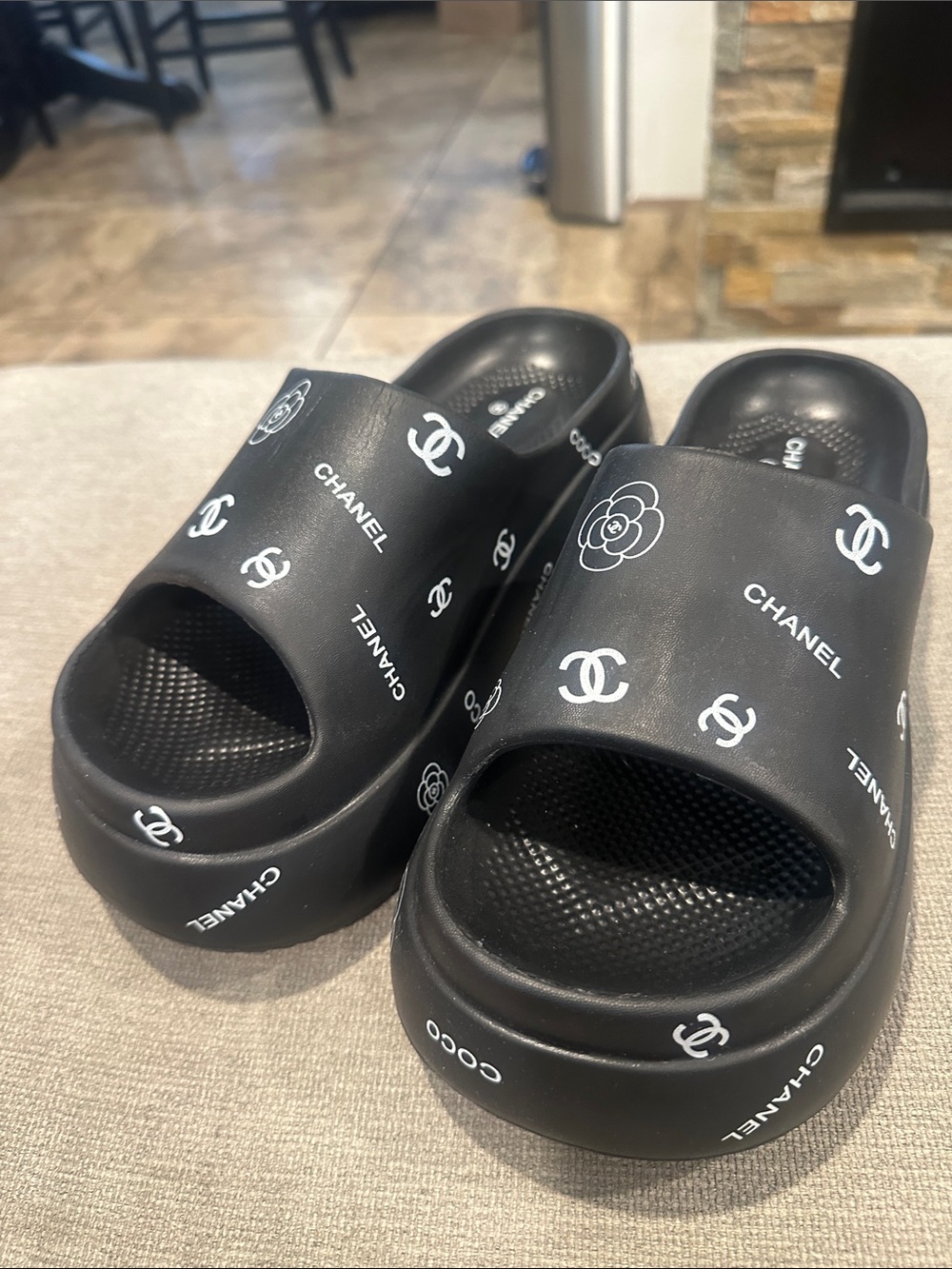 Clearance Black Slide Sandals with White Logos and Camellias size 38-39